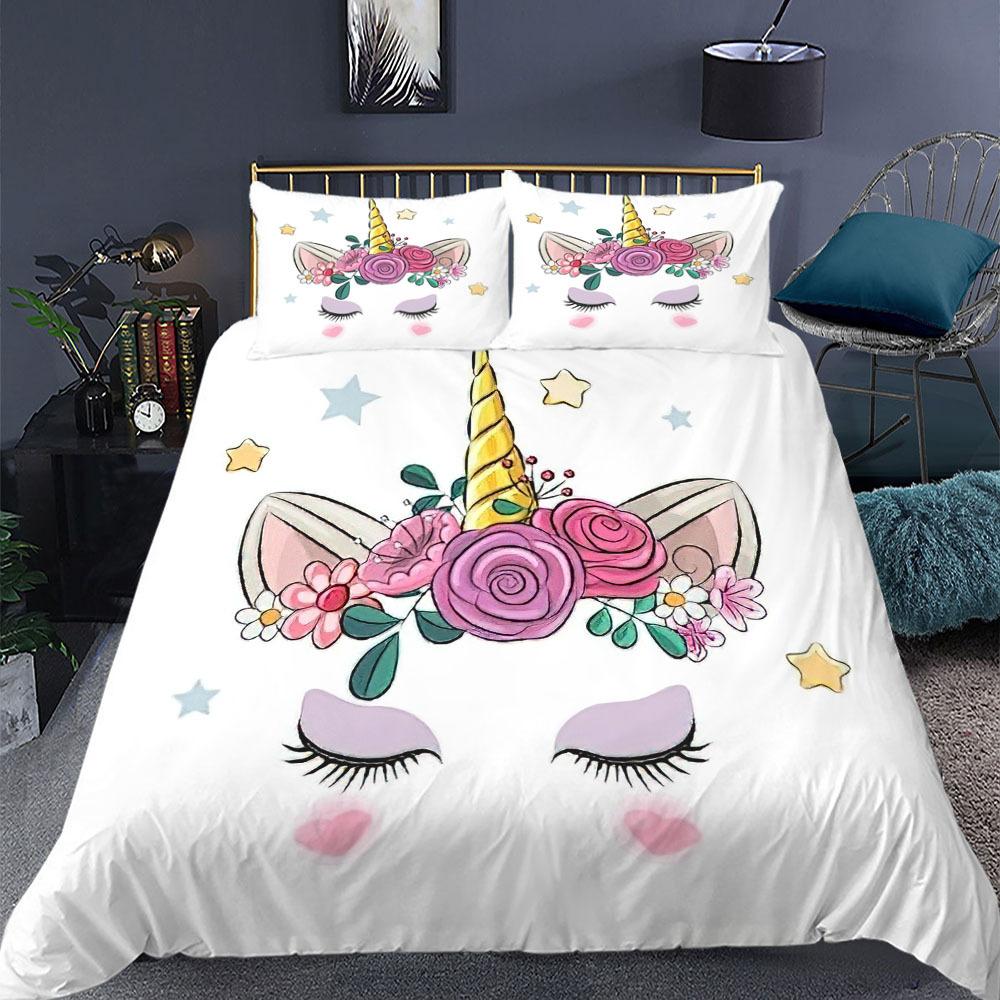 Enhörning Påslakanset King Queen Size Tecknad Färgglad Enhörning Söt Blomma Stjärna för Tonåringar Pojkar Flicka Barn Polyester Sängklädesset