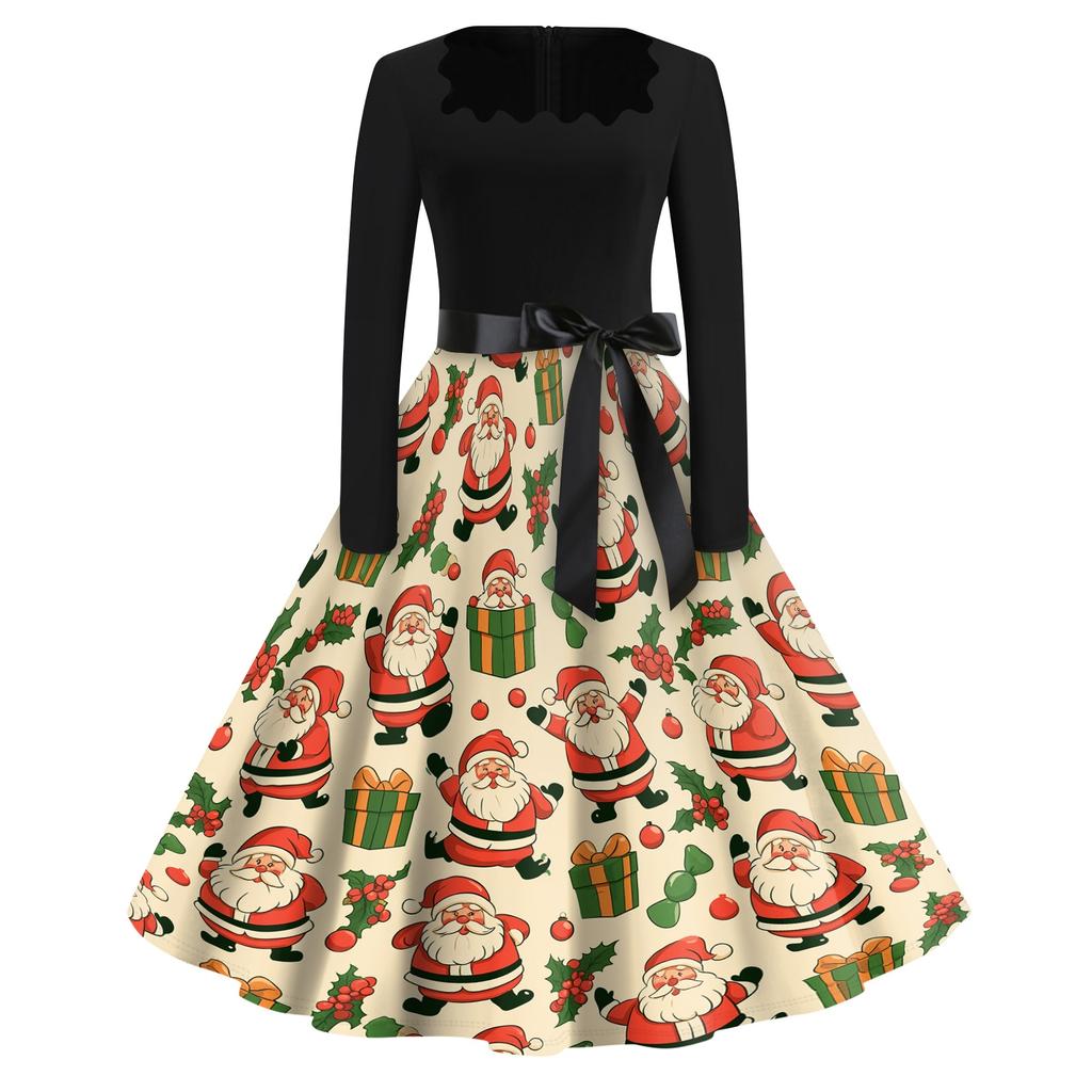 Women's Casual Christmas Print Square Neck Vintage Dress for Holiday Party and Everyday Wear