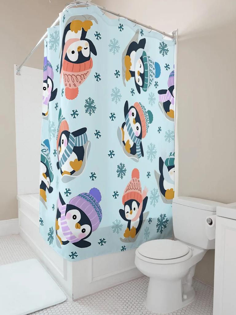 Cute Penguin Pattern Shower Curtain For Kids And Families Waterproof And Durable Bathroom Decor With Snowflake Design Easy-Clean