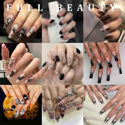 1 cutie, negru, închis, detașabil, balerină, unghii false, purtabile, unghii false, sfaturi pentru unghii de Halloween, instrument de manichiură, apăsați pe unghii