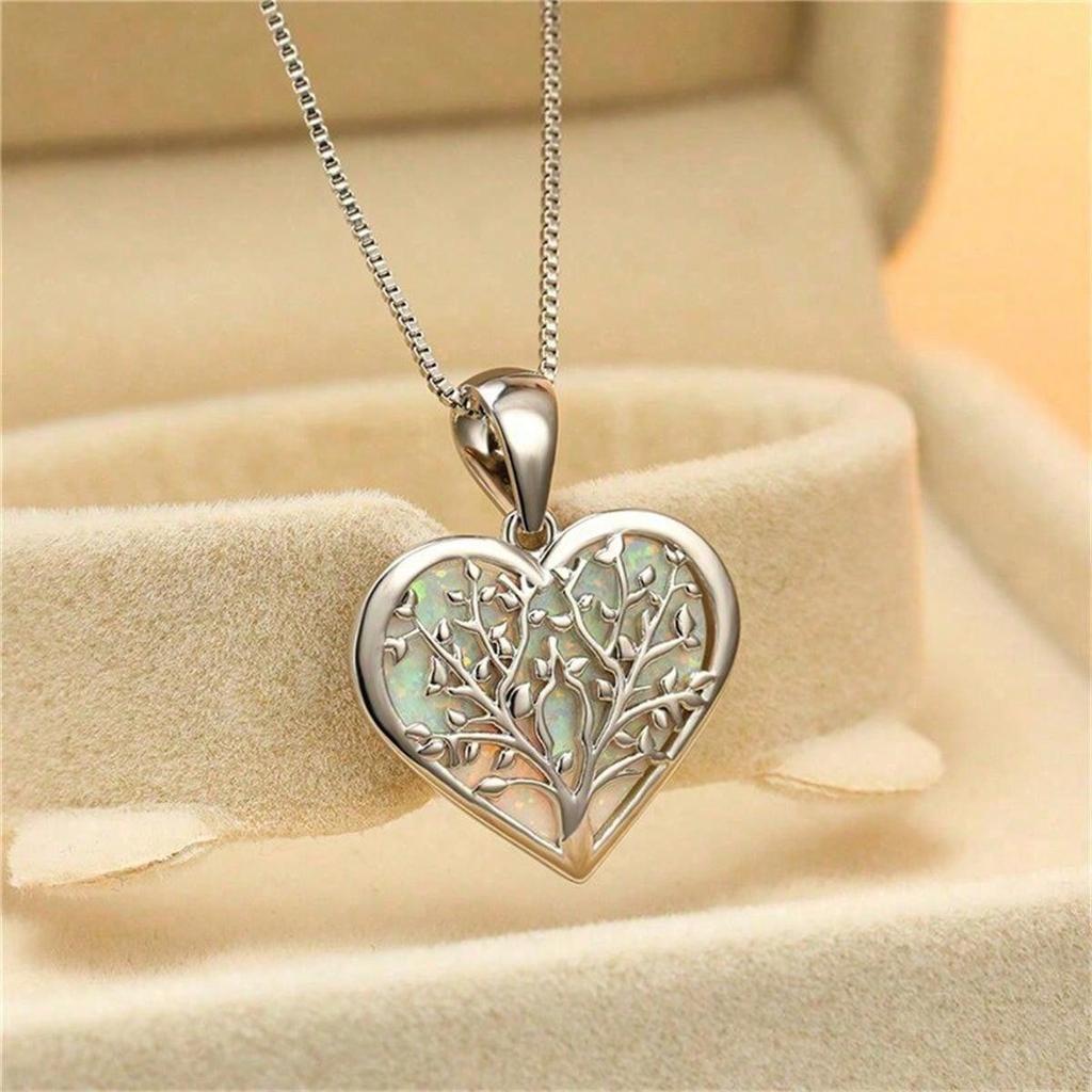 Fashion Love Heart Tree of Life Pendant Necklace For Women Inlay Blue Imitation Opal Necklace Wedding Jewelry Birthday Gifts