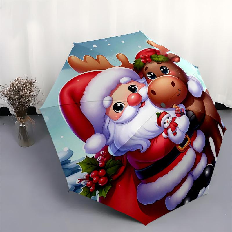 1pc Christmas Santa Claus Reindeer Automatic Opening Folding Umbrella with Holly Berries Design, Portable 3-Fold Outdoor for Fans, Travelers, Daily Us