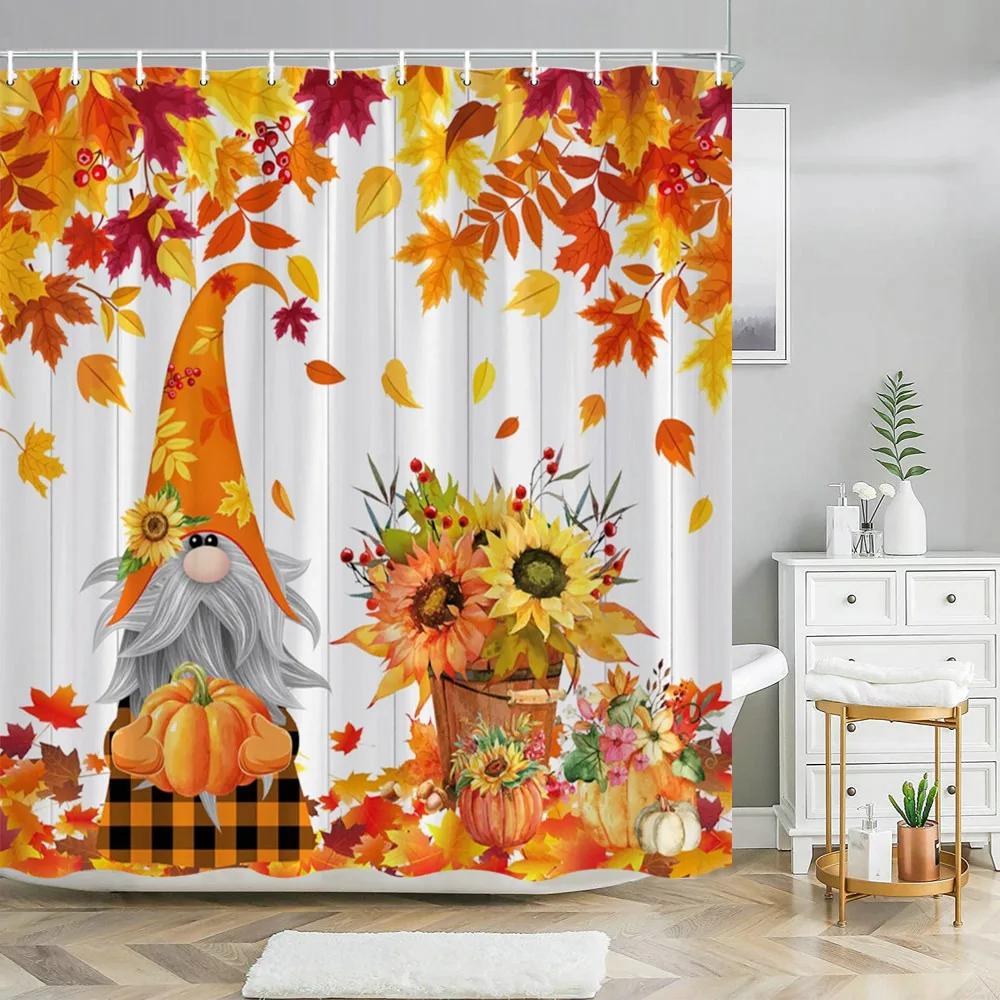 Fall Maple Shower Curtain Thanksgiving Harvest Pumpkin Orange Autumn Maple Leaves Sunflowers Fabric Bathroom Decor Bath Curtains