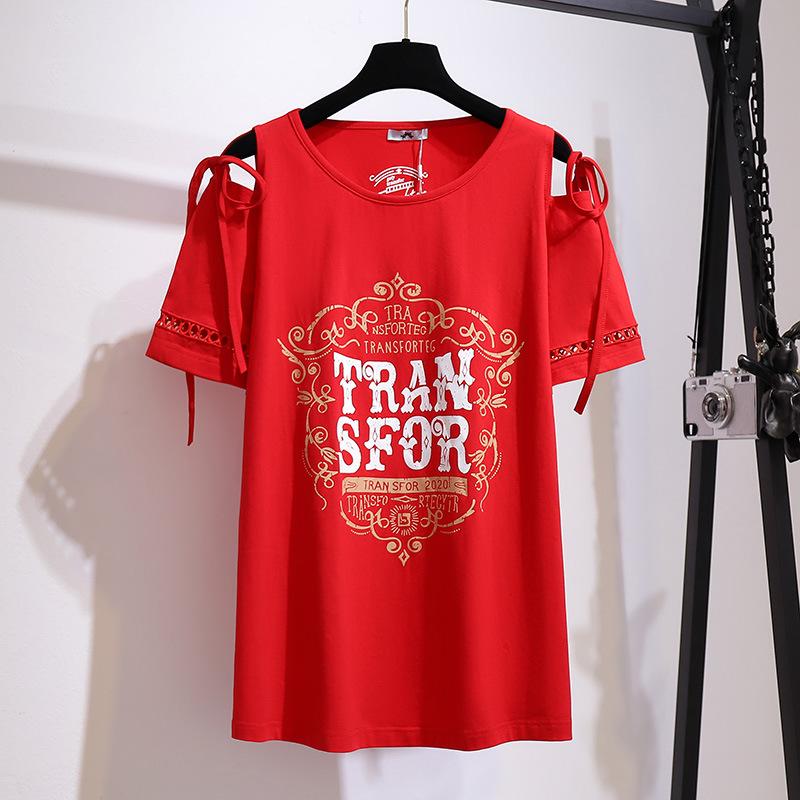 Summer Plus Size Women's T-shirt Strapless Round Neck Loose Versatile Printed Short-sleeved Tops