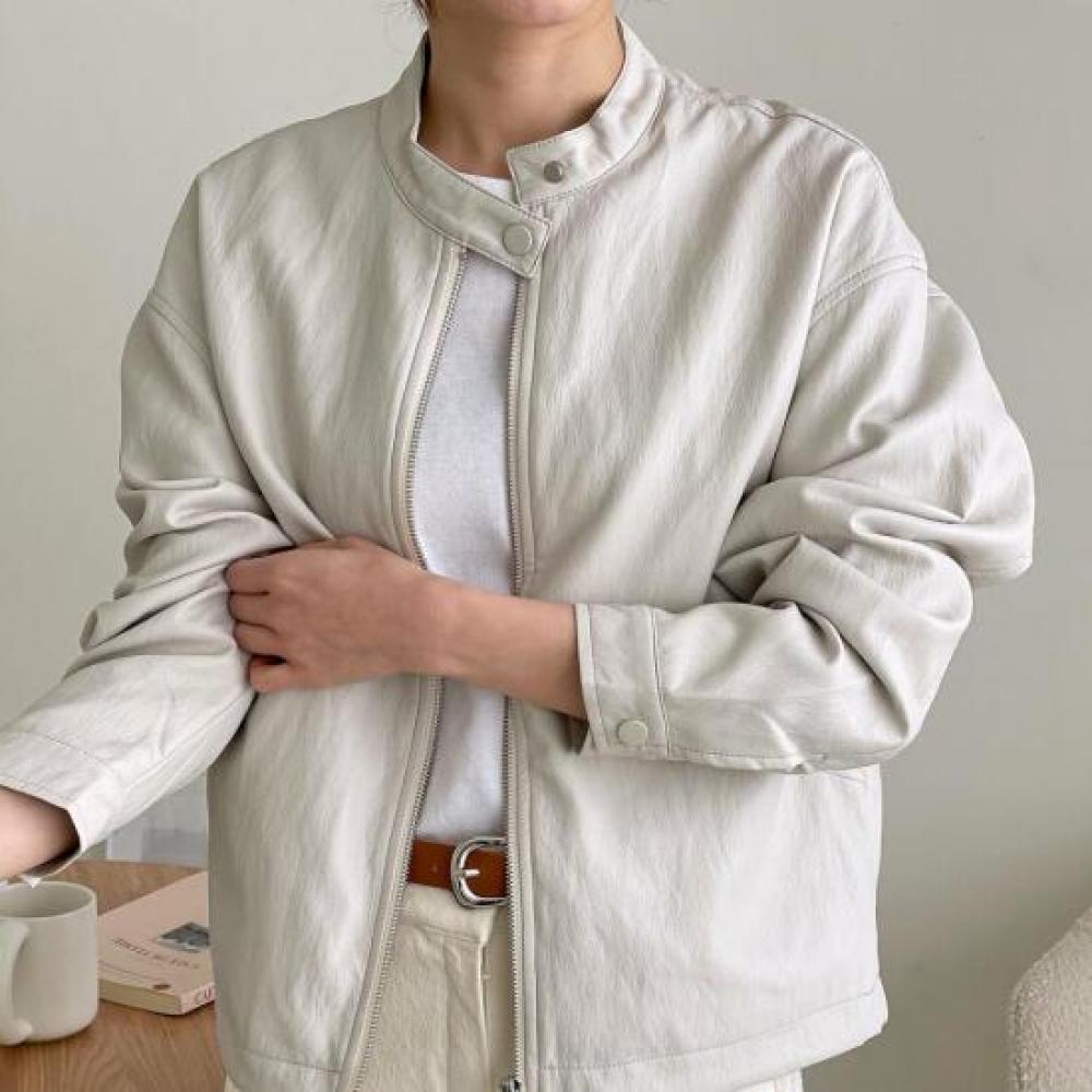 Open Run Henry Neck Zip Up Jacket Women Fake Leather Rider Spring