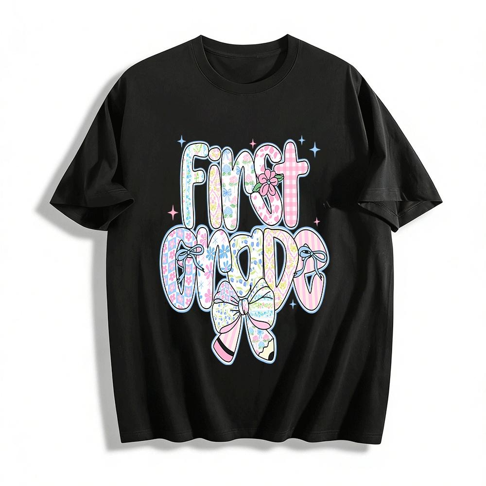 First Grade Floral Gingham Bow Print Back To School Top Pure cotton T-shirt XXS