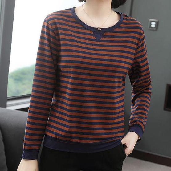 WTEMPO Dámský jarní pruhovaný svetr s dlouhým rukávem, velká velikost, dámský volný bavlněný kulatý výstřih, ležérní topy, velká velikost