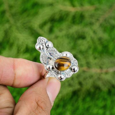 Geschenk für Sie 925 Silber Natürlicher Tigerauge Solitär Blume Verstellbarer Ring