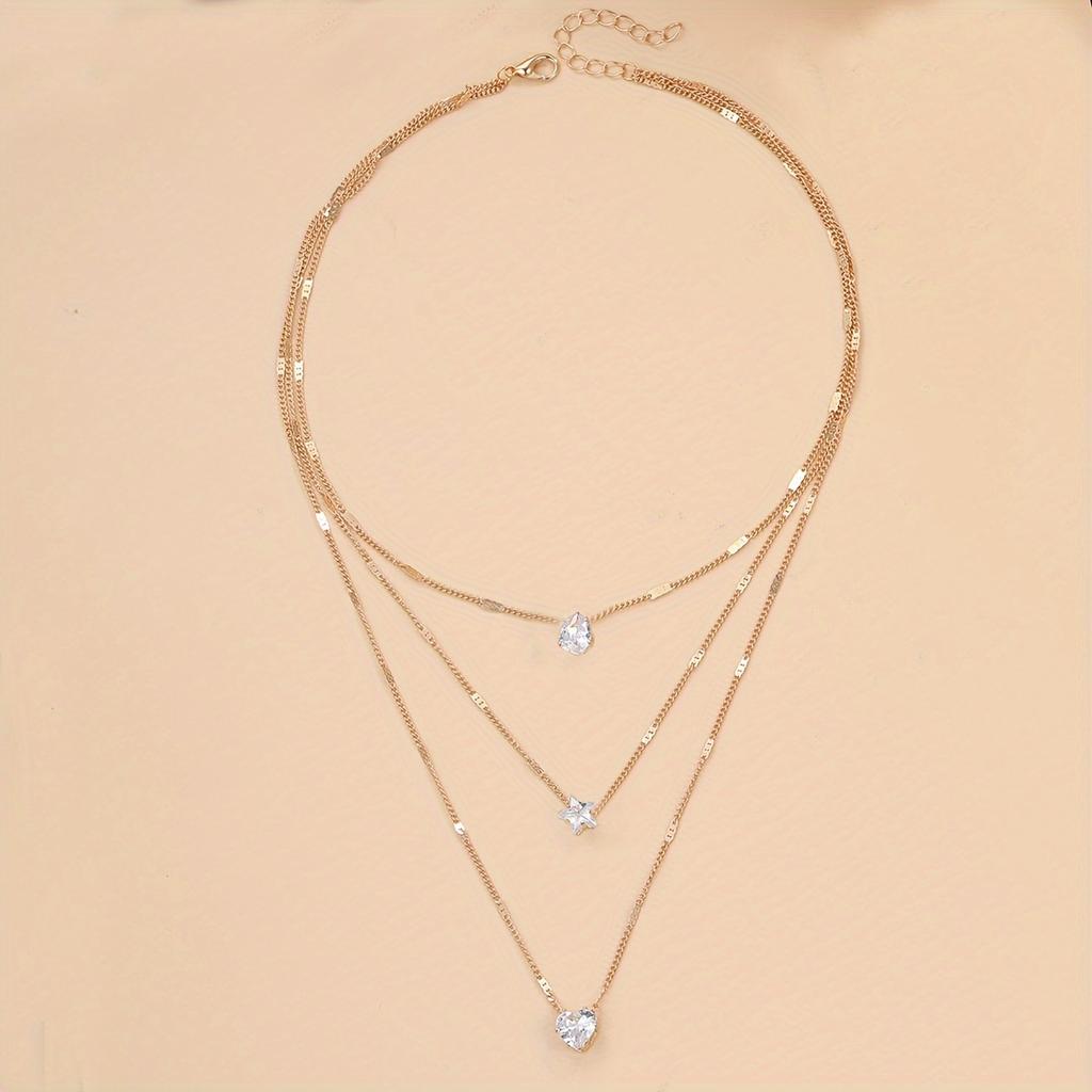 1pc Women'S Simple Multilayer Star Love Water Drop Rhinestone Pendant Necklace Clavicle Chain Jewelry For Women