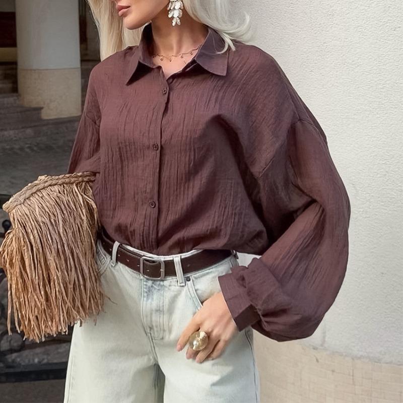 Women S Loose Lantern Long Sleeve Shirt Lapel Button Thin Sun Protection Cardigan