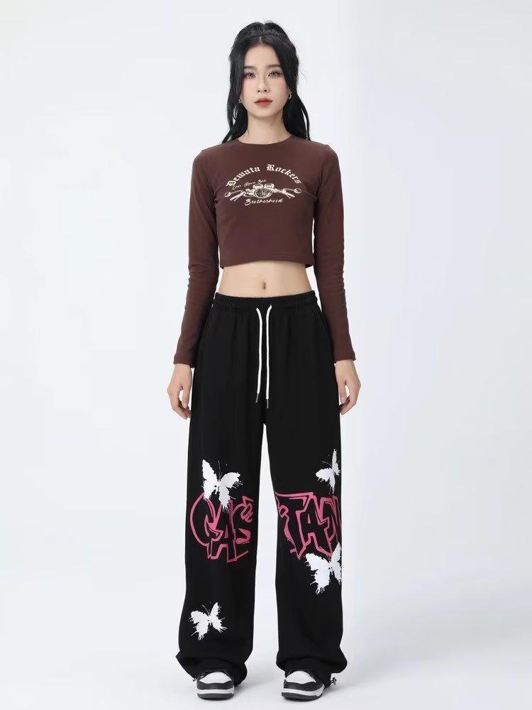 American Graffiti Butterfly Sweatpants: Korean Jazz Street Dance - Women's High-Design Spring/Summer Casual Wear