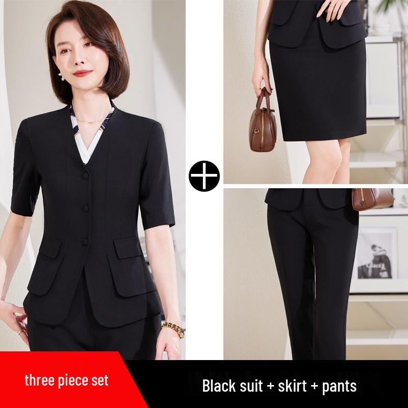 Women's Black Short Sleeve Professional Suit Set for Summer - Elegant Front Desk and Salon Workwear