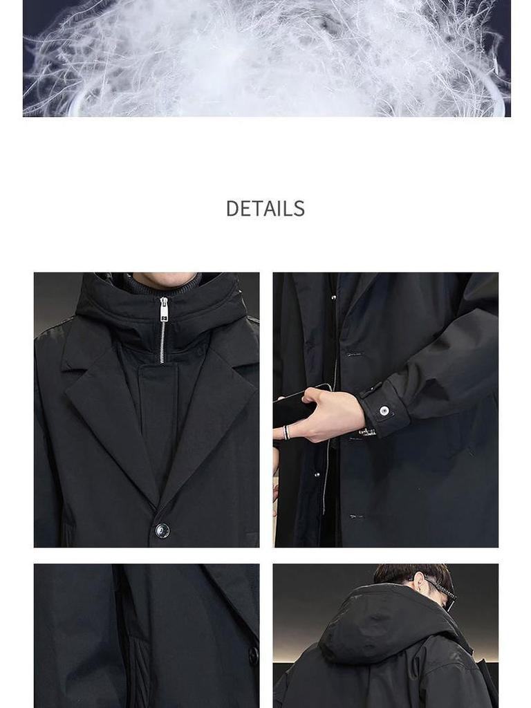 Men's Winter Hooded Mid-Length Down Jacket, Faux Two-Piece Windbreaker, Trendy Thickened Plus-Size Coat