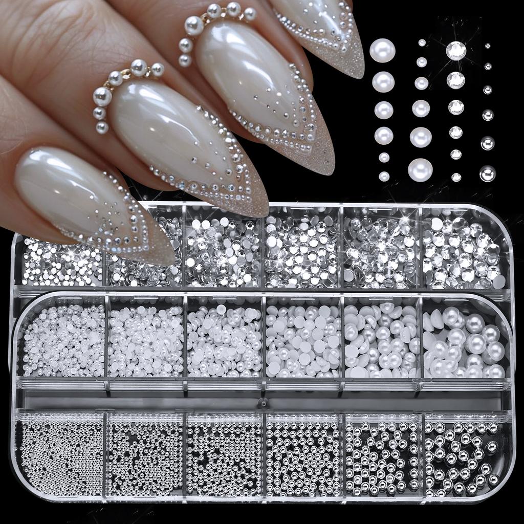 Boxed 3D Pearls White Nail Flatback Beads Rhinestone Caviar Mix Sizes Nail Art Decoration For DIY Manicure Nail Charms Multipur