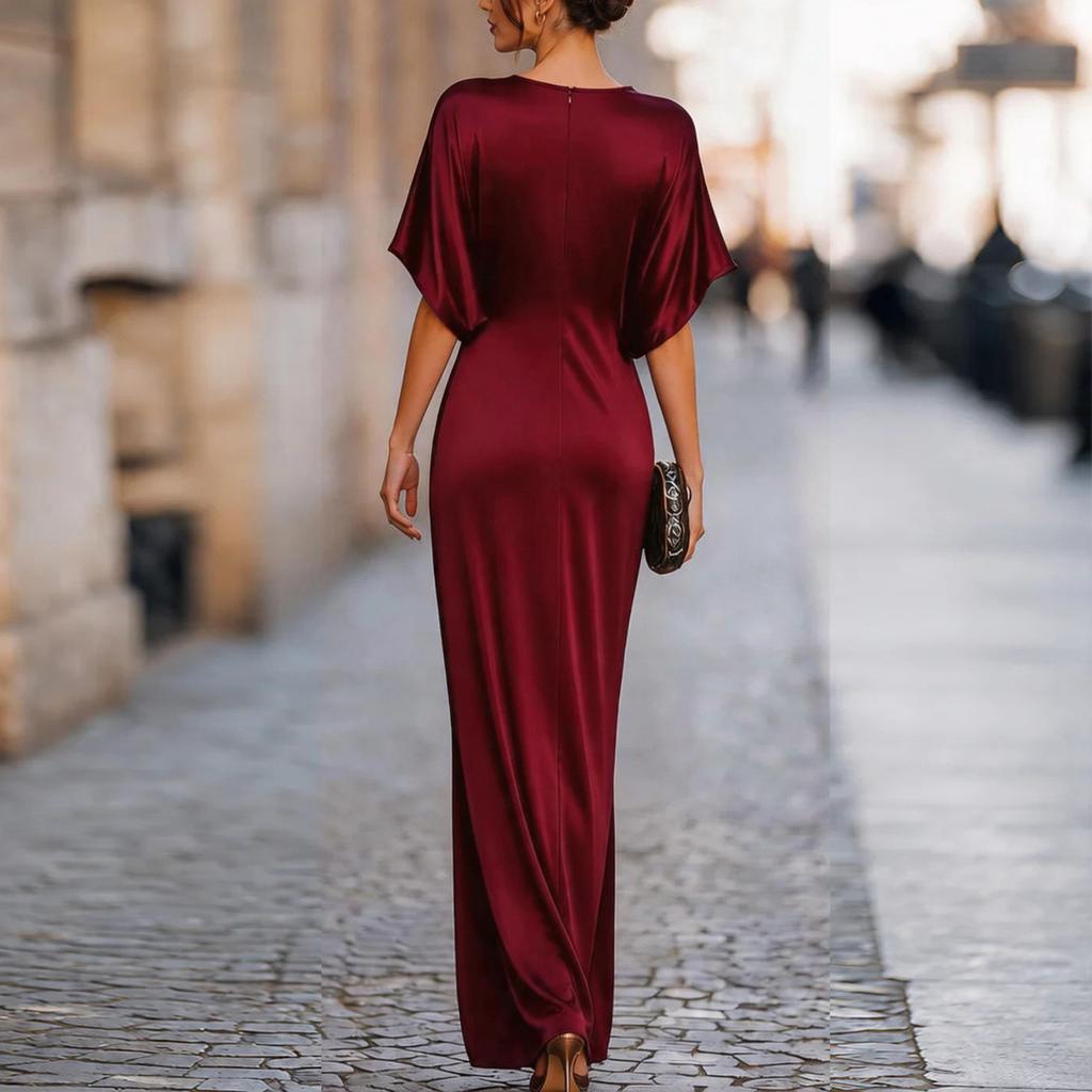 Women's Fashion Round Neck Short Sleeve Long Dress Satin Fabric Elegant Evening Gown Casual Loose Fit Full Length Maxi Dress