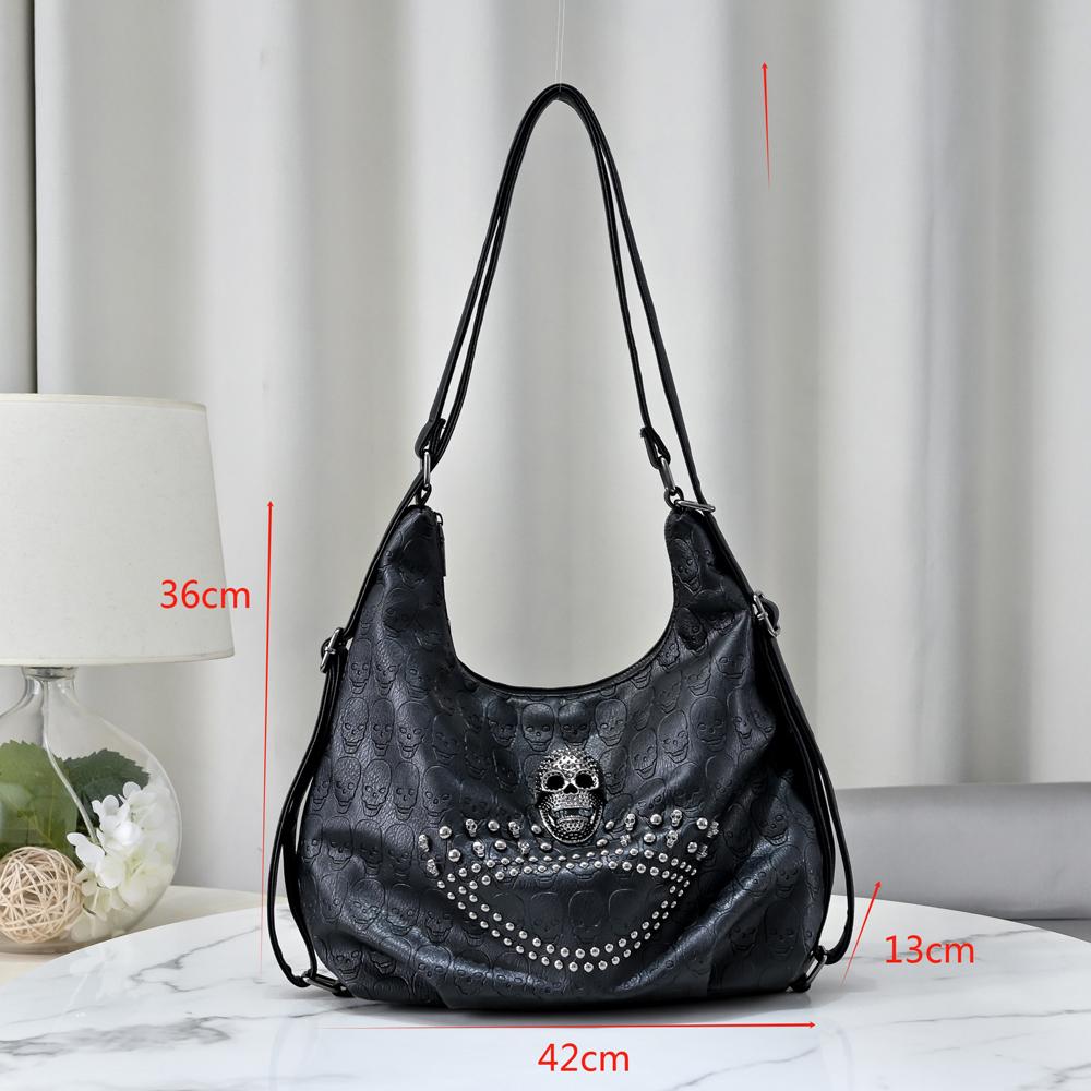SHELKSBAG Gothic Punk Style Crossbody Bag Vintage Fashion PU Leather Womens Handbag Skull Rivets Hobo Purse Double Shoulder Bags
