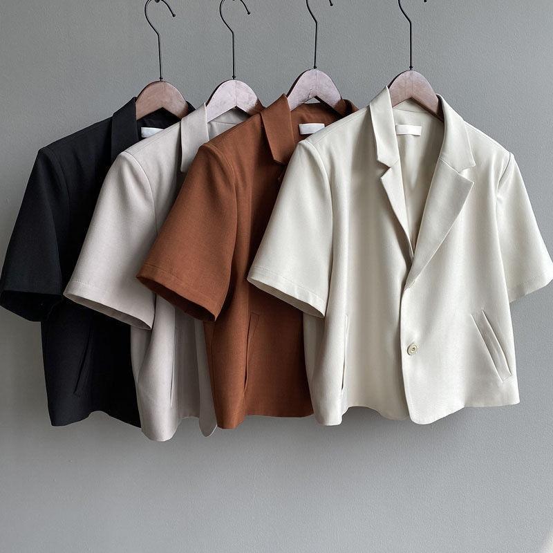 Women's Lapel Short Sleeve Blazer Regular Fit Solid Color Polyester Cropped Suit Jacket Thin Draped Casual Commuter Outerwear For Summer Spring