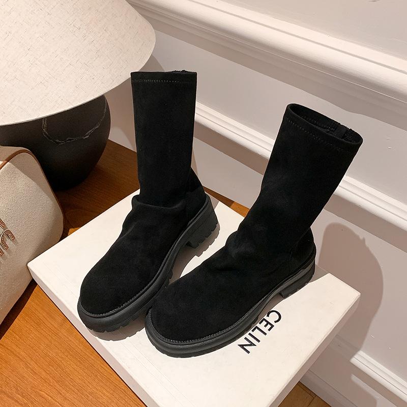 Cowhide Model of the Same Style, Thick Heel, Thick Sole, Thin Boots, Round Head, Folded Back Zipper, Stacked Short Boots, Women's Genuine Leather.