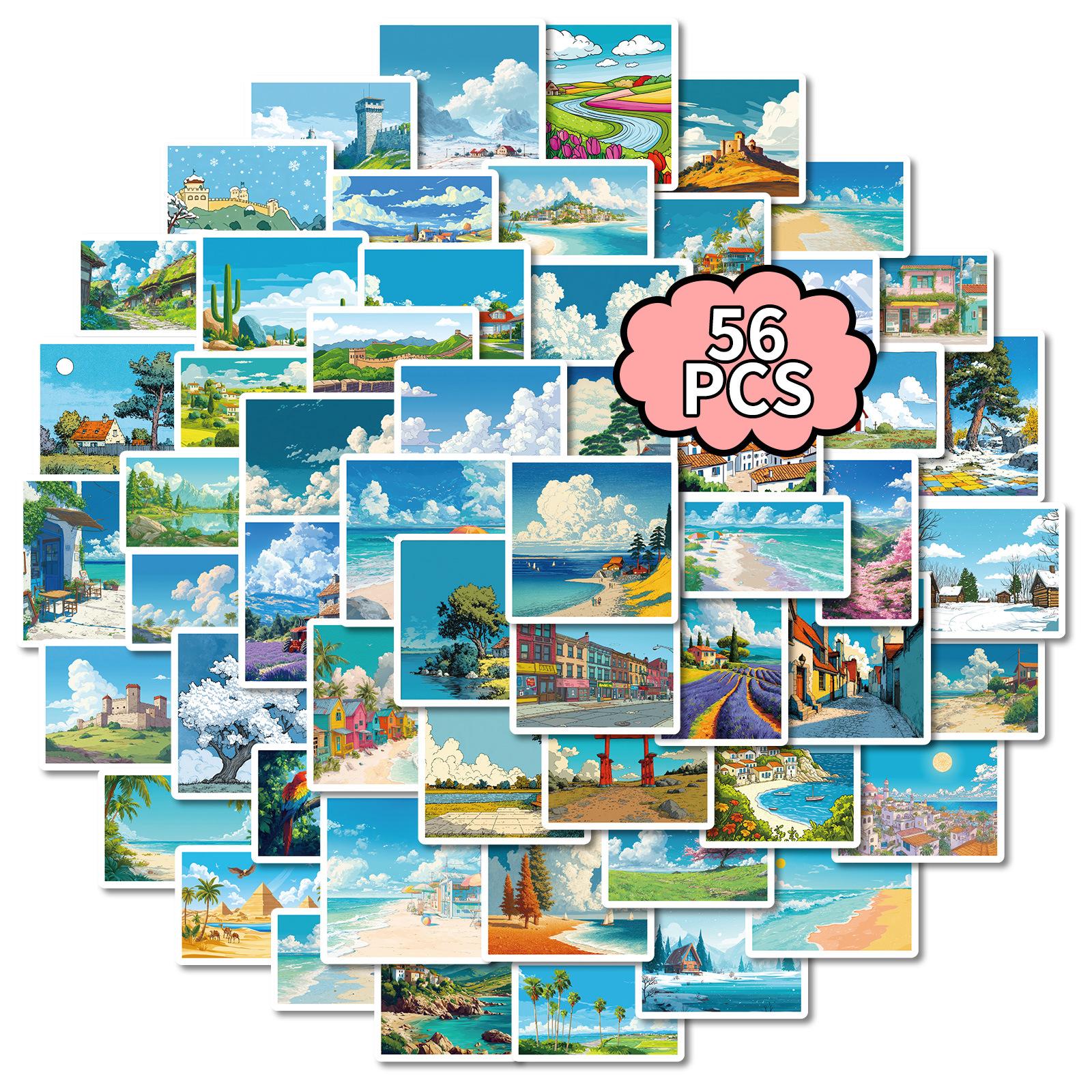 

56 Cartoon Animation Wind Blue Sky White Clouds Landscape Graffiti Sticker Hand Account Notebook Decorative Sticker