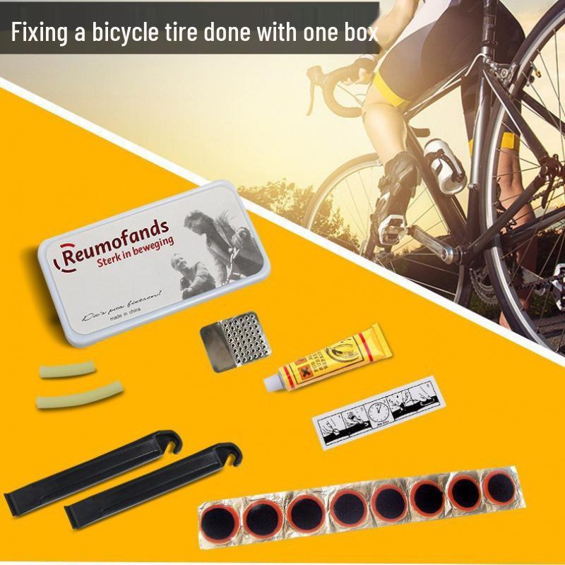Bicycle Repair Tool Kit with Tire Patches, Pry Bar, Glue, and File In Plastic Box