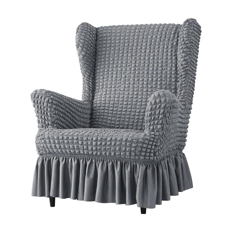 

Solid Color Wing Chair Cover Seersucker King Armchair Slipcover Stretch Wingback Sofa Covers with Cushion Cover Home Decor