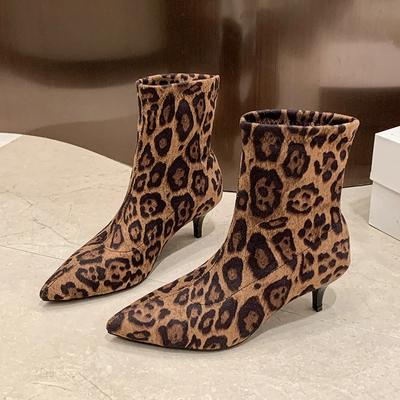 Leopard Women Ankle Boots Pointed Toe High Heels Suede Shoes Winter 2025 Trend Chelsea Elegant Pumps Shoes Fad Party Botas Mujer