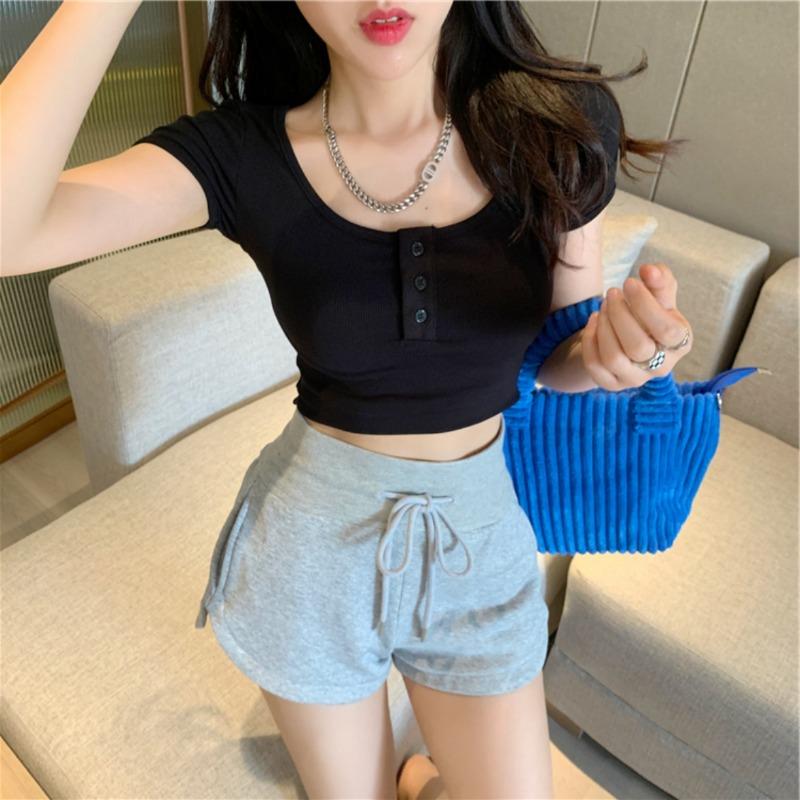 Hong Kong Gray Casual Pants Women's Summer High-waisted Shorts Draw Rope Sports Pants Design Sense Slit Hot Pants Straight Pants