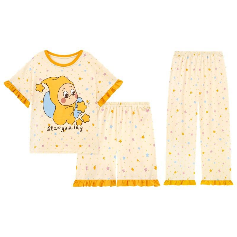Girls Cotton Pajama Set Short Sleeve Long Pants Cartoon Print Sleepwear Kids Home Wear