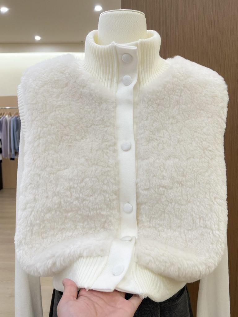 Women's Winter White Knit Vest - High-End, Stylish, Layered, Thickened Plush Patchwork