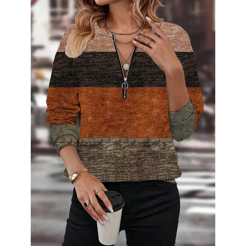 Women's Casual Striped Knit Sweatshirt with Zipper Detail, 100% Polyester Crew Neck Pullover for Spring, Summer, and Fall