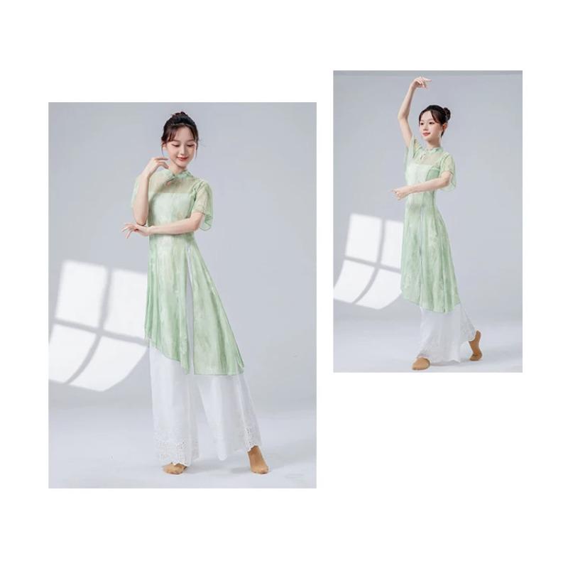 Classical Dance Women Split Hem Long Gauze Mesh Shirt Cheongsam Neck Hanfu Performance Sheer Flowy Blouse Training Dancewear