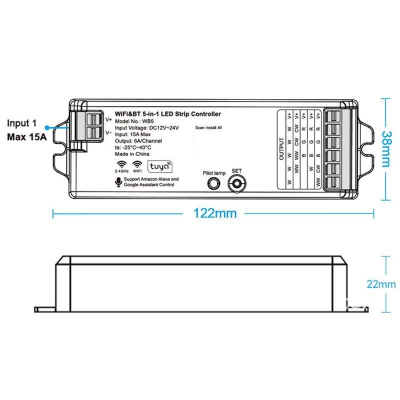 Fresh Wifi& BT 5-In-1 LED Strip Controller Dimmable RGB/RGBW/WW+ CW/RGBCCT Monochrome Smart Life APP DC12-24V Light Management S