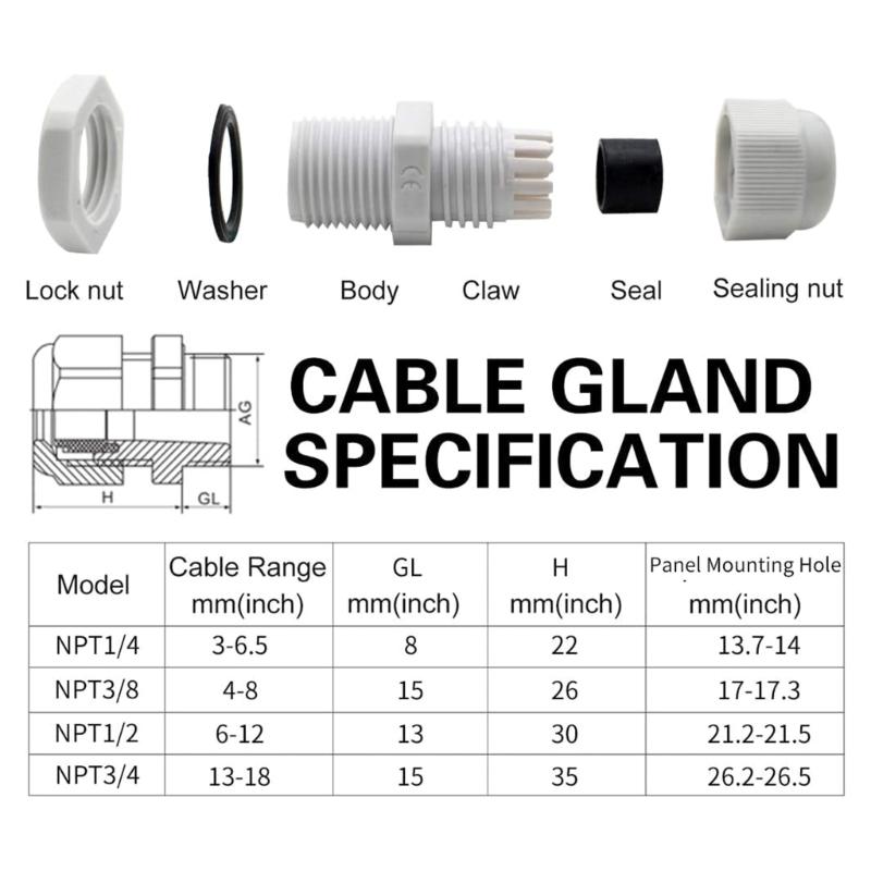 38 Pcs Outdoor Cable Gland Joints Waterproof Cable Connector Plastic  Cable Grommets NPT Type Cable Fitting Easy Install
