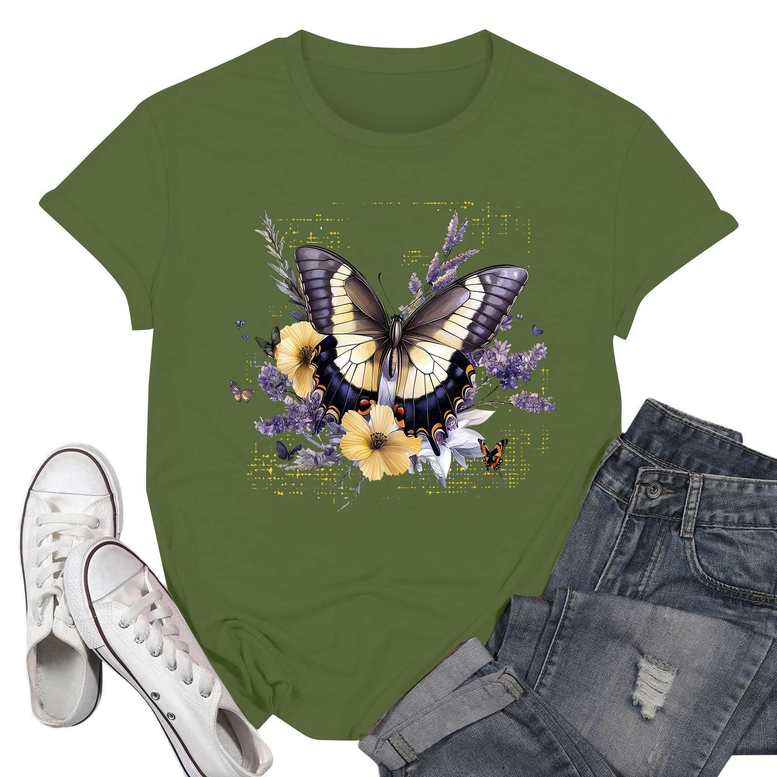 Women s Round Neck Printed Short-sleeved T-shirt Top L
