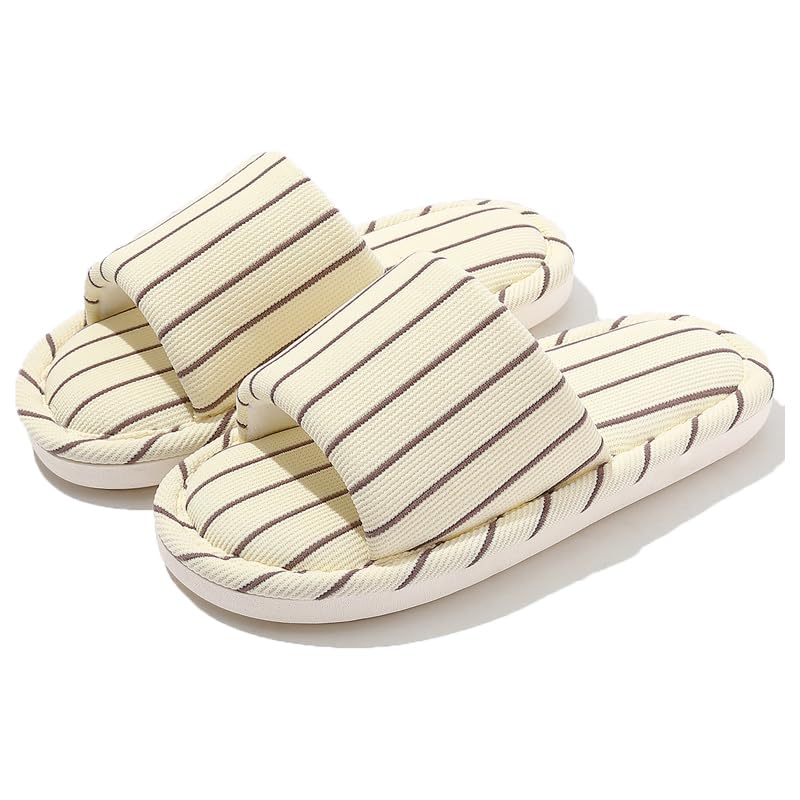 

Лен для мужчин и хлопок и лен Летние простые и домашние и уличные гостевые Легкие японские тапочки и вес [Hato], Полосатые, Домашние, бежевый