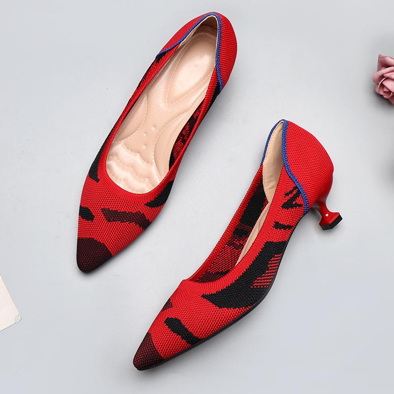 Spring and Autumn Flying Knitted Single Shoes Middle Heel Knitted Flying Thread Knitted Thin Heel Cat Heel Ladle Shoes