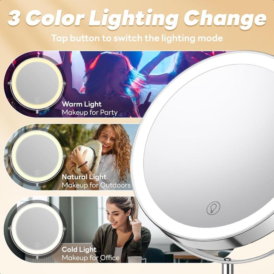 Lighted Vanity Makeup Mirror 3000mAh Rechargeable Height Adjustable Double Sided 1x 10x Magnifying with 3 Color Light Brightn A