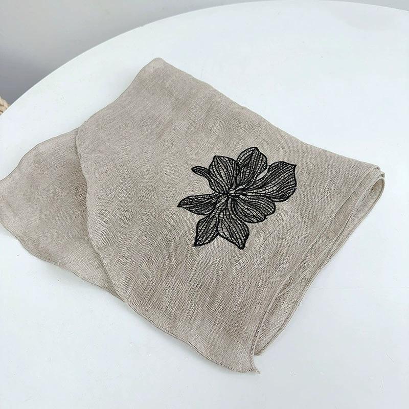 

High-End Versatile Ramie Scarf For Women Spring & Autumn Breathable Floral Small Shawl & Neckerchief 30x170cm