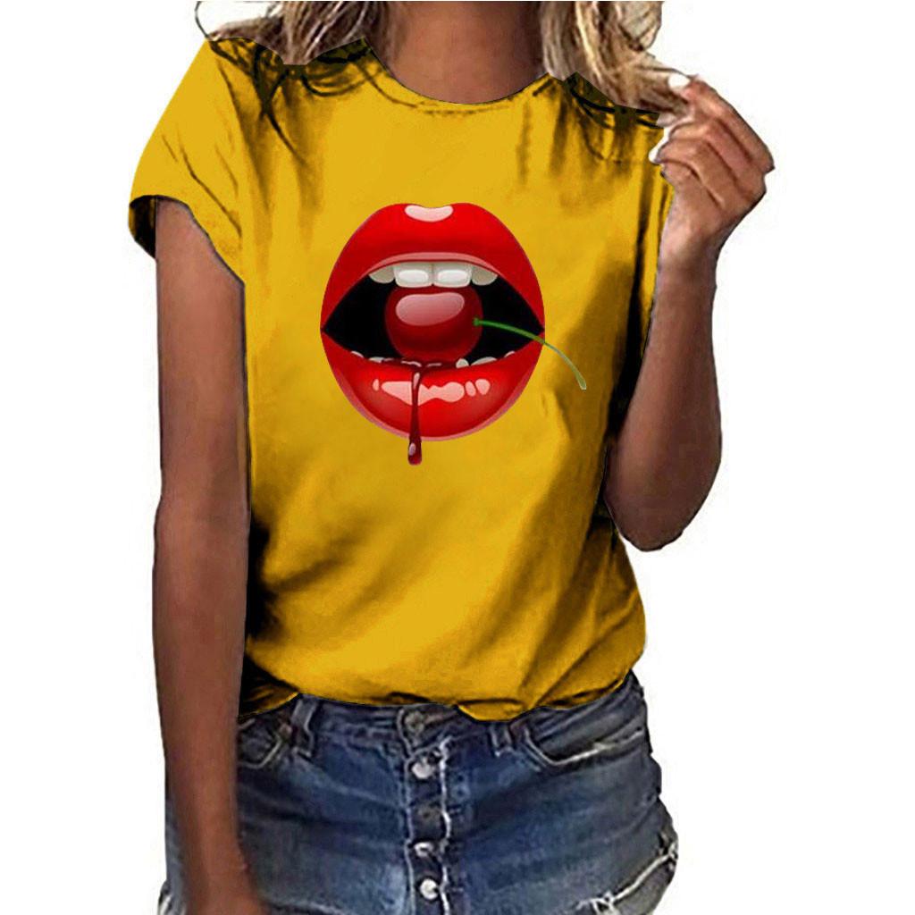 Women Girls Plus Size Lips Print Shirt Short Sleeve T Shirt Blouse Tops
