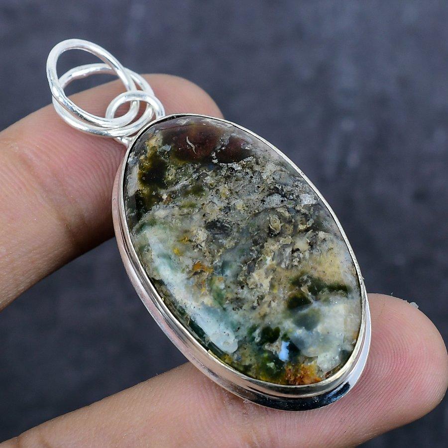 Indian Moss Agate Ethnic 925 Sterling Silver Jewelry Pendant 2.25" j3D94