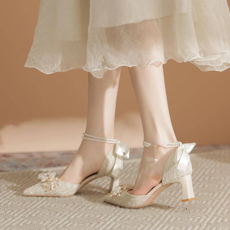 Beautiful Princess Coming-of-age High Heels for Women's New Wedding Thick Heel Wedding Shoes Are Not Tired of Hollow Feet Shoes for Women