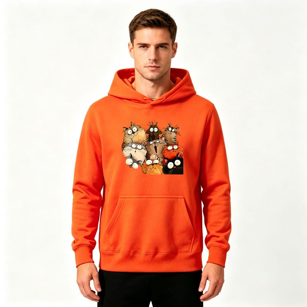 Men's Pullover Hoodie, Funny Cartoon Cat Group Print Casual Long Sleeve Hooded Sweatshirt for Daily Wear