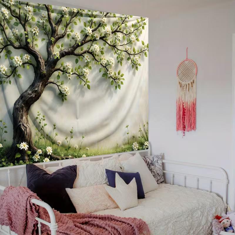 2D blühender weißer Baum als Hintergrund für Frühling, Natur und Cottagecore-Inhalte