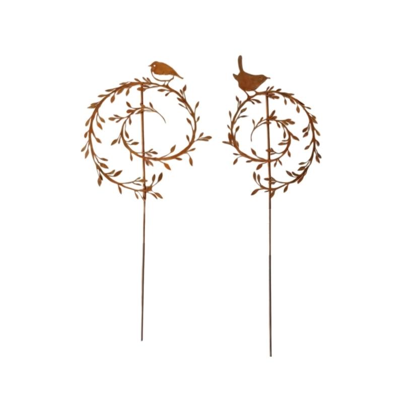 Iron Garden Stake with Aged-Look Brown Finish and Bird Detail for Flowers, Lawn Edges, and Suitable Soil Placement