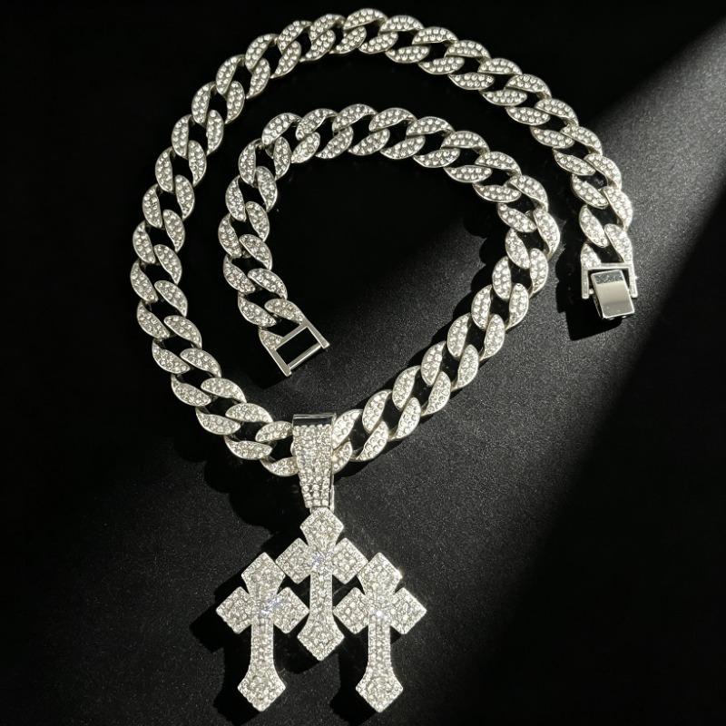 Hot Selling Men's Hip-hop Cuban Chain Necklace Alloy Inlaid with Rhinestones, 30 Character Stand Pendant, Personalized Rap Accessory