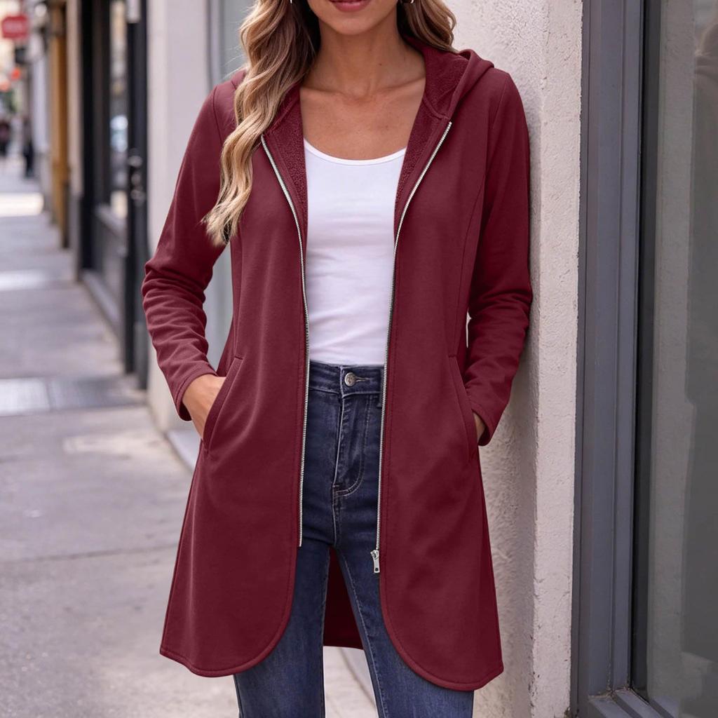 Manteau long à capuche zippé décontracté pour femme avec poches pour un usage quotidien