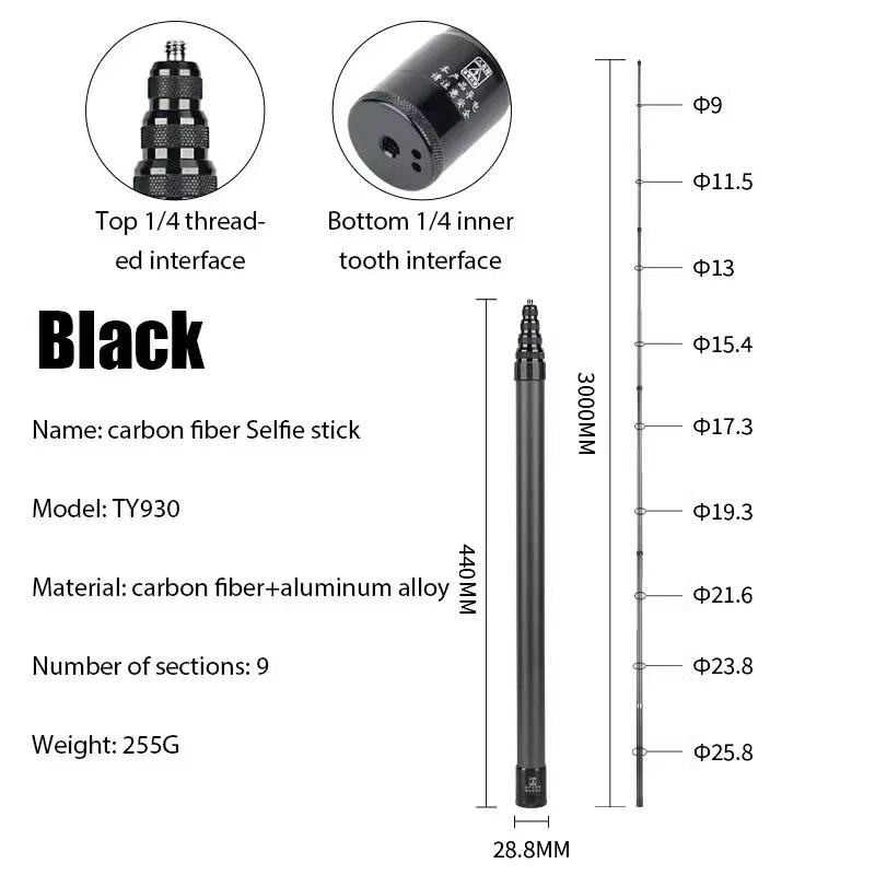 Carbon Fiber Invisible Extended Edition Selfie Stick for Insta360 X3 GO3 Action 4 Accessories 300CM for DJI GoPro Selfie Stick