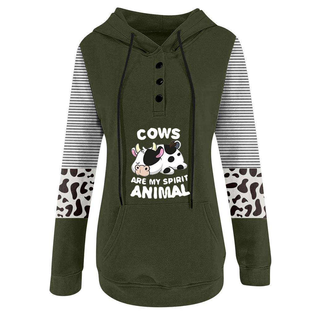 Women's Casual Fashion 2022 Cows Stripes Print Long Sleeve Pullover Hooded Top