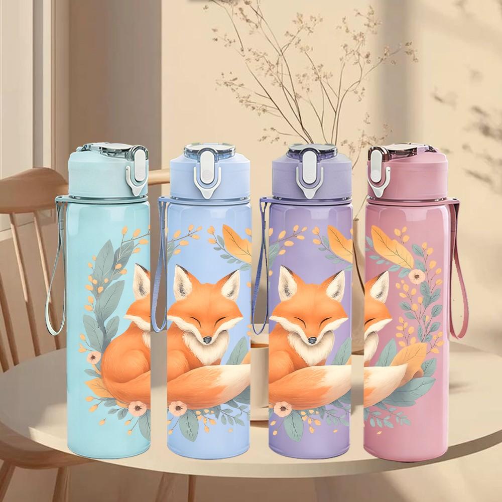 1PC Wreath Floral Fox Cartoon 750ml Color Plastic Sports Water Bottle Leakproof Flip Straw Lid Suitable for Sports Office Home Use