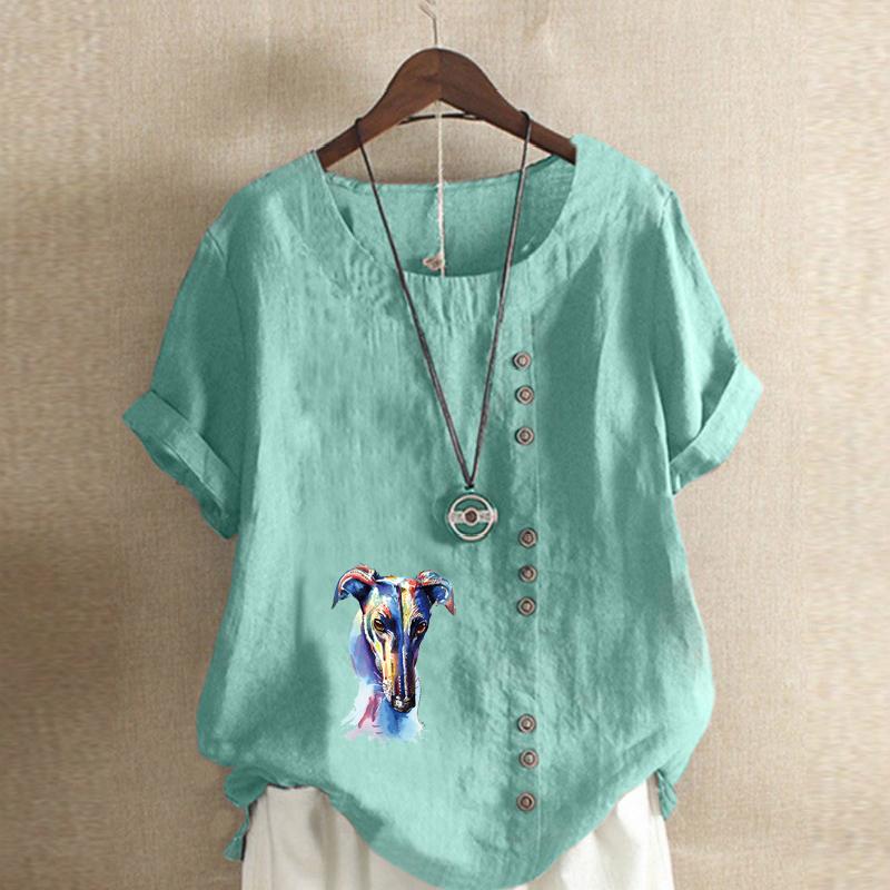 Women's Fashion Colorful Dog Prined Round Neck Short Sleeve T-shirt Casual Cotton Linen Graphic Shirt Leisure Loose Summer Blouse Tops